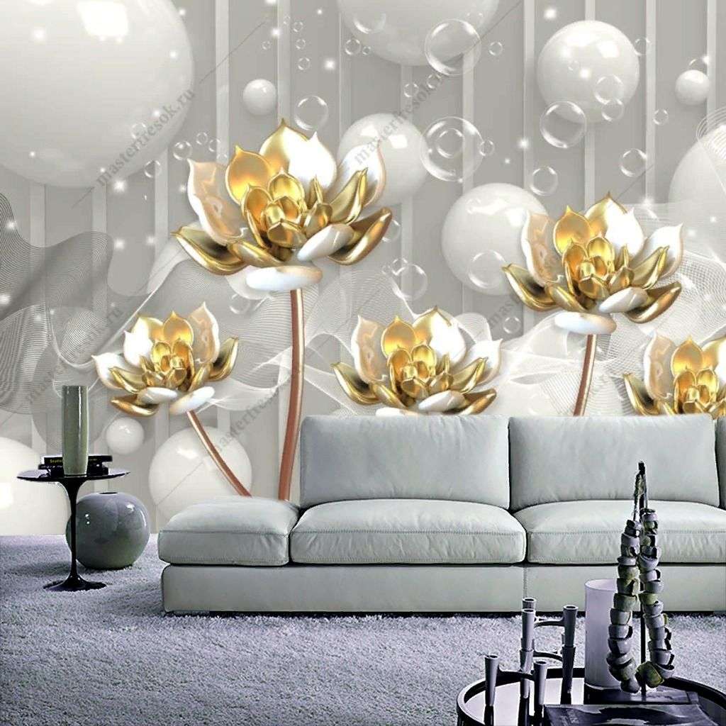 Фотообои в интерьере 3д золотые цветы на стену  10-915 фото