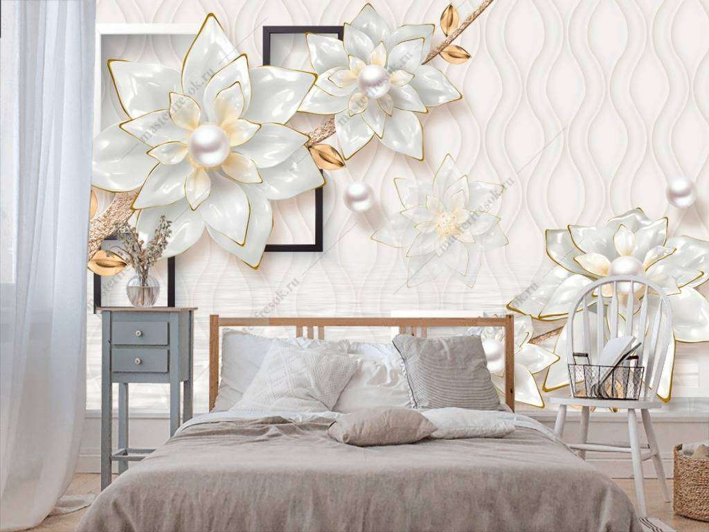 Фотообои в интерьере 3д геометрия с цветами  10-648 фото