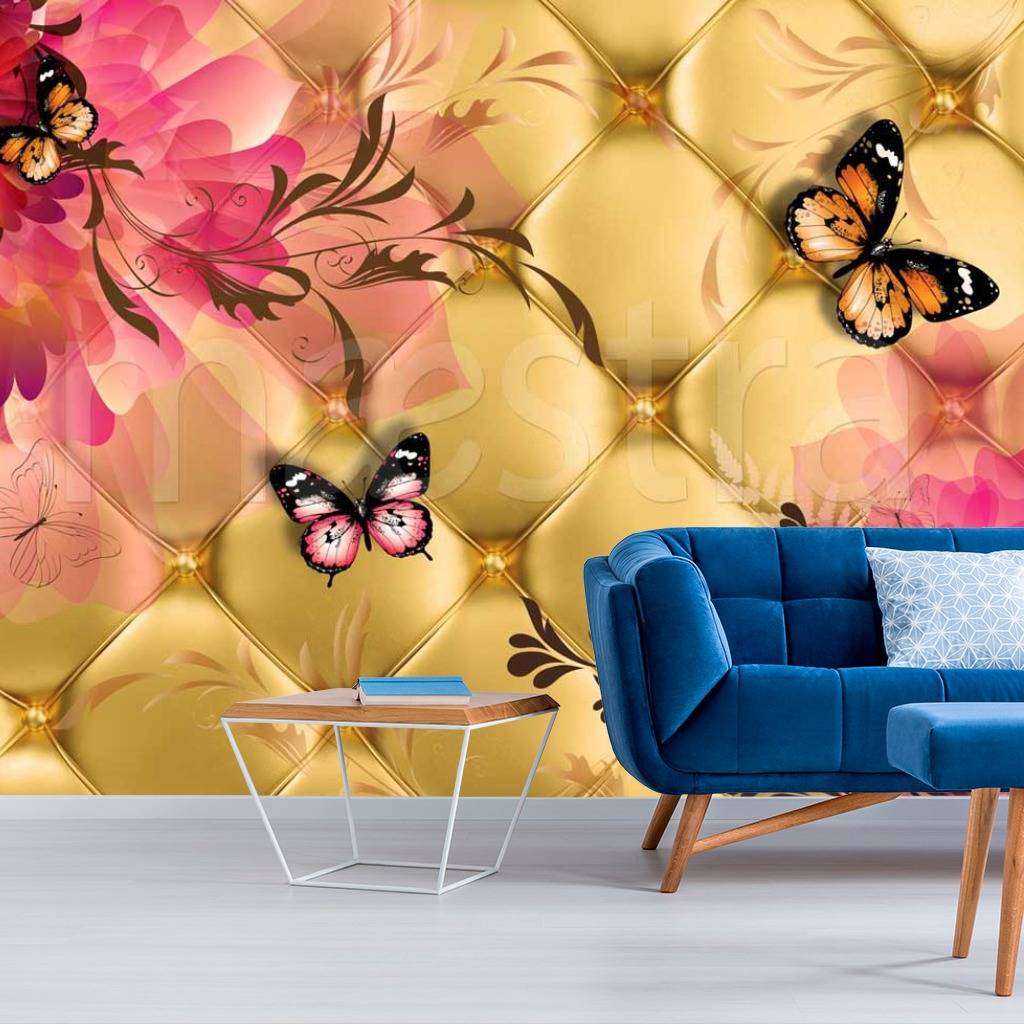 Фотообои Стереоскопические бабочки на золотом фоне  7-444