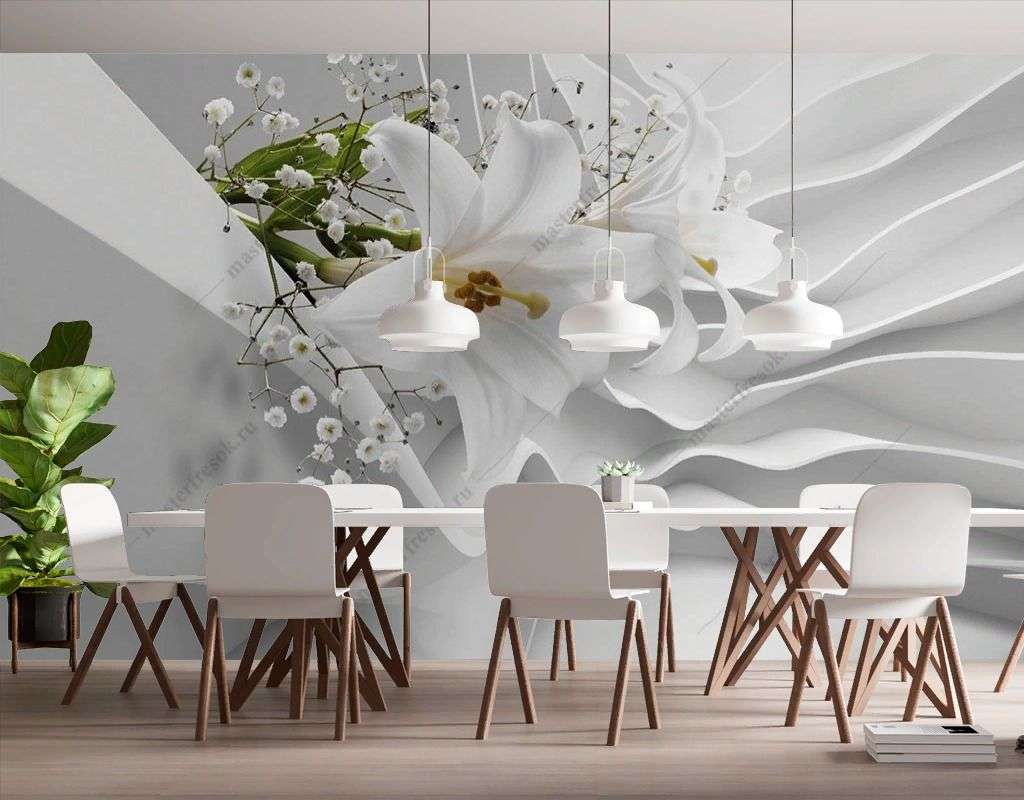 Фотообои в интерьере белые лилии 3d  10-983 фото