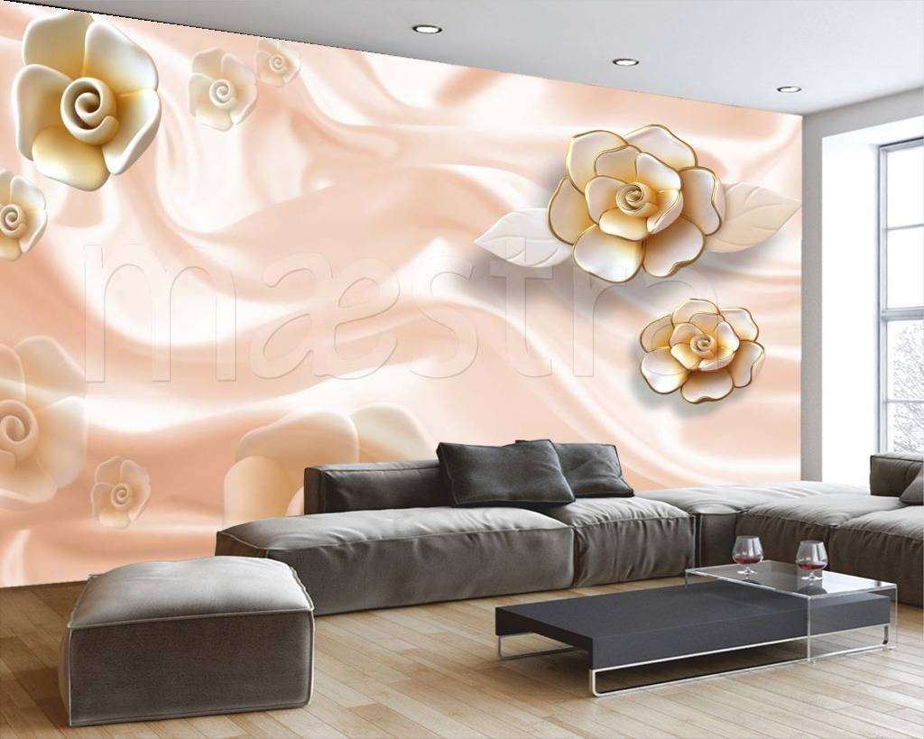 Фотообои в интерьере 3д цветы на ткани в пастельных тонах  10-487 фото