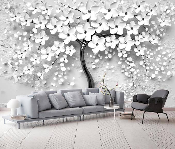 Фотообои 3д дерево с белыми цветами  10-744