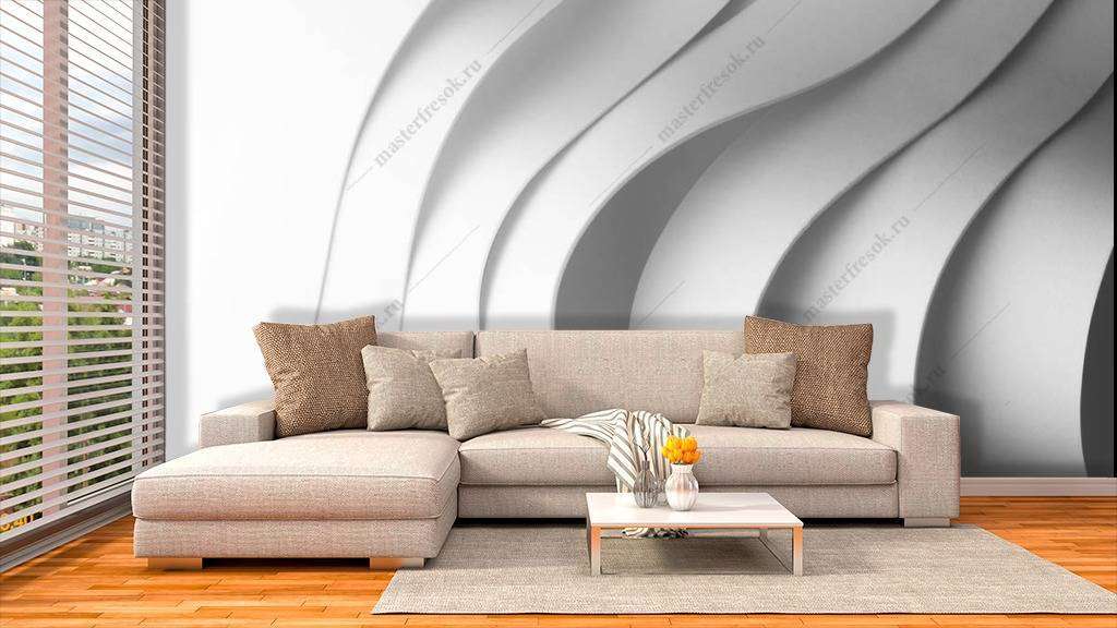 Фотообои в интерьере 3д белые волны с тенью  10-778 фото