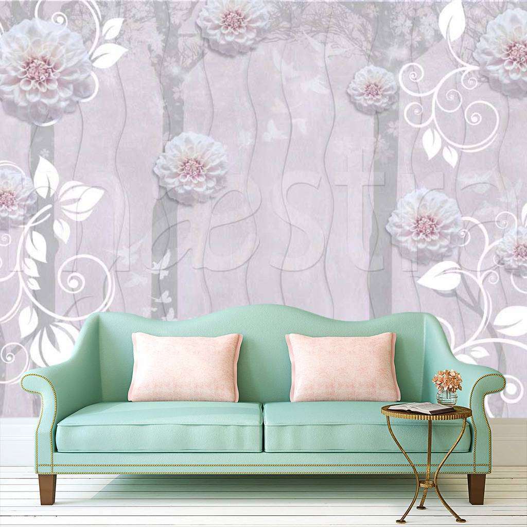 Фотообои в интерьере стереоскопические нежно розовые цветы на фоне 3д  7-469 фото