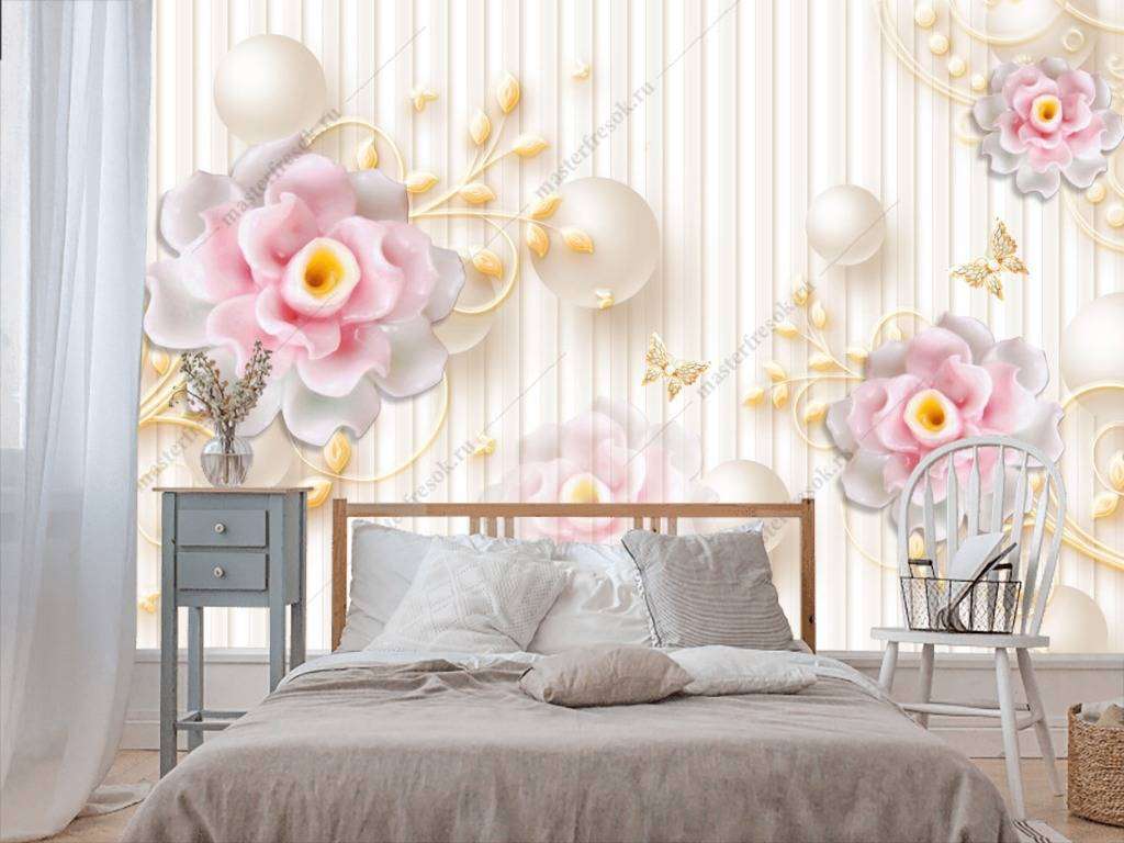 Фотообои в интерьере 3д цветы на полосках  10-669 фото