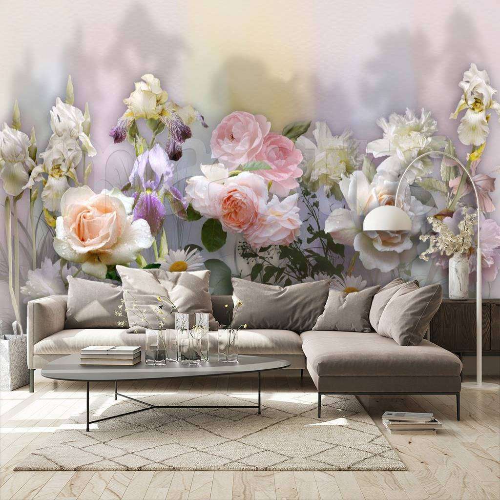 Фотообои в интерьере розы на серой стене  7-685 фото
