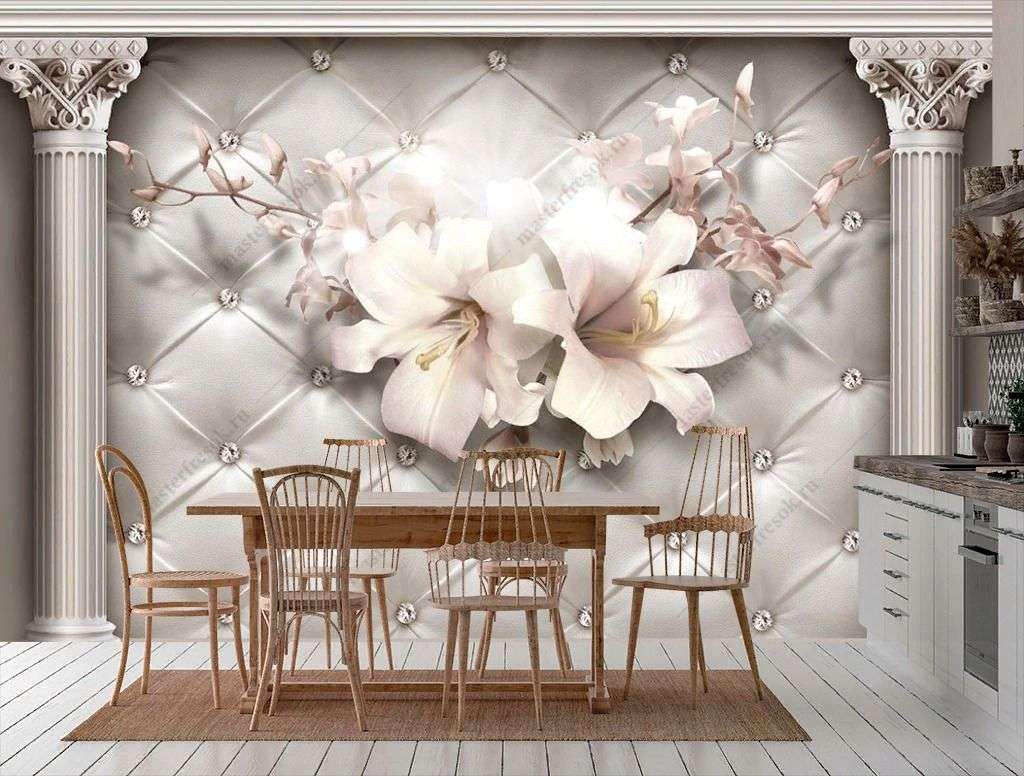 Фотообои в интерьере 3д цветы и колонны  10-899 фото
