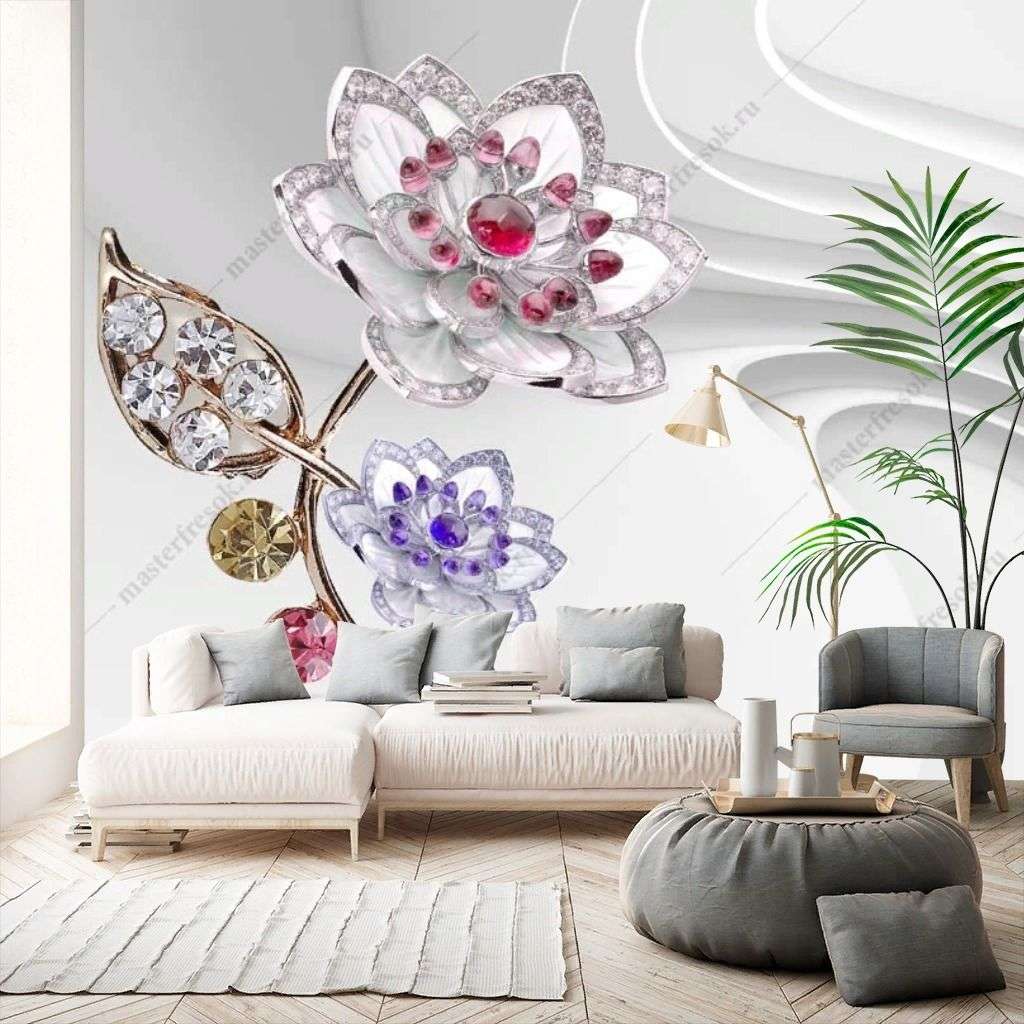 Фотообои в интерьере 3д драгоценный цветок  10-919 фото