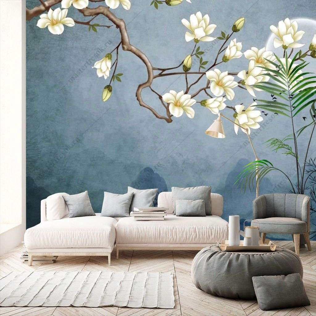 Фотообои в интерьере 3д сакура  10-910 фото