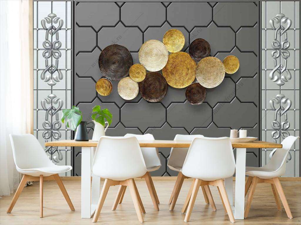 Фотообои в интерьере 3д золотые круги  10-701 фото