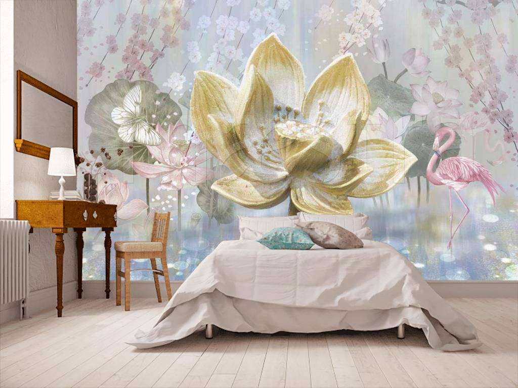Фотообои в интерьере фламинго и цветок лотоса  7-438 фото