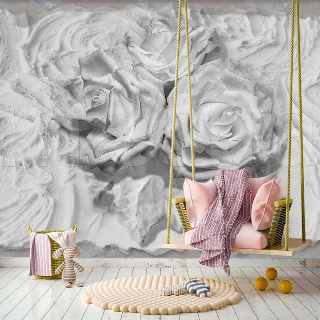 Фотообои в интерьере объемные розы из лепнины  7-489 фото