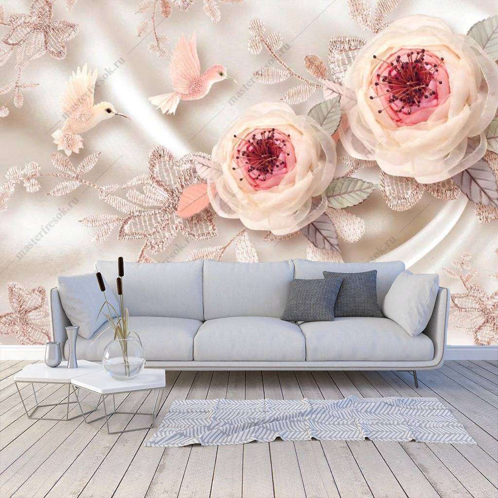 Фотообои в интерьере 3d розы и птицы  10-847 фото