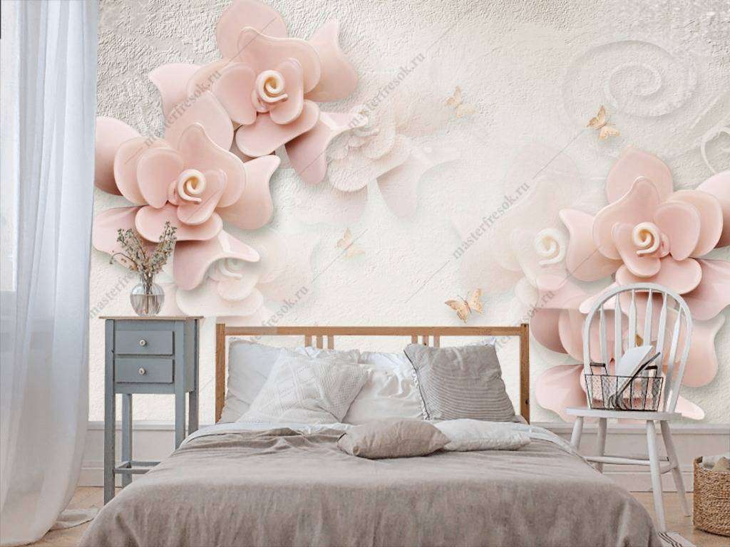 Фотообои в интерьере 3д пыльно розовые цветы  10-645 фото