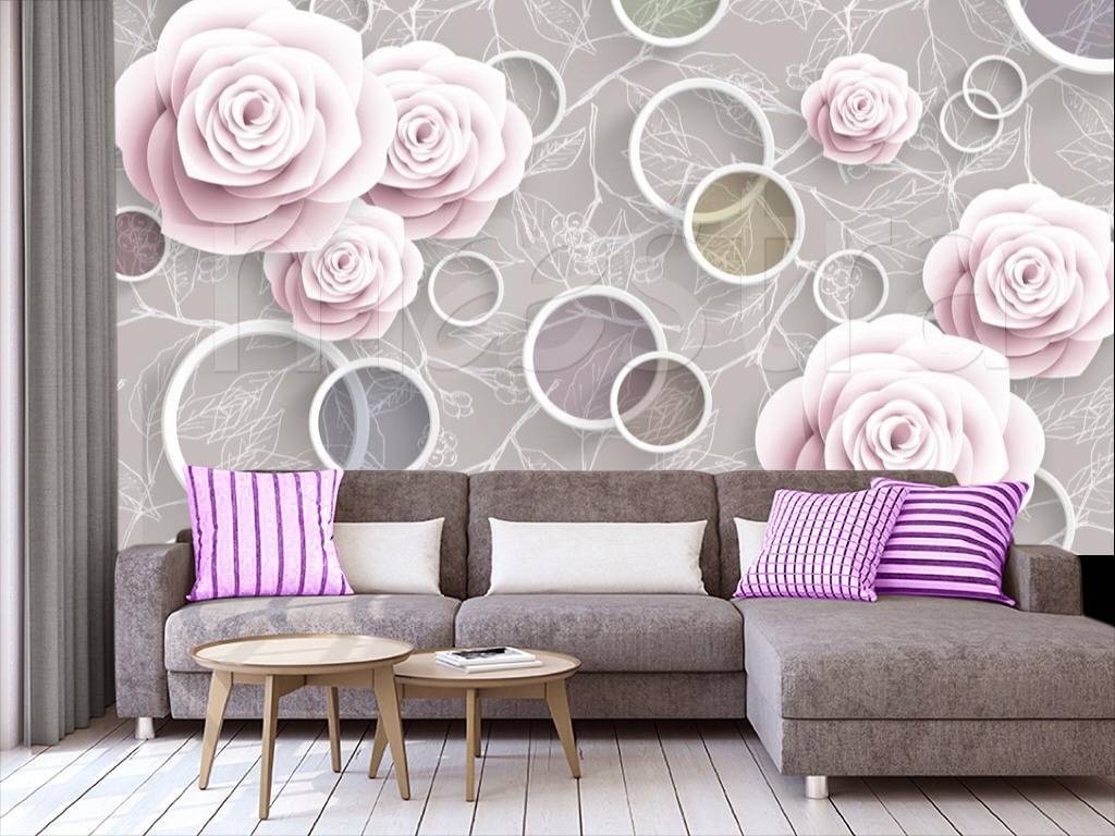 Фотообои 3д цветы с кругами на сером фоне  10-533