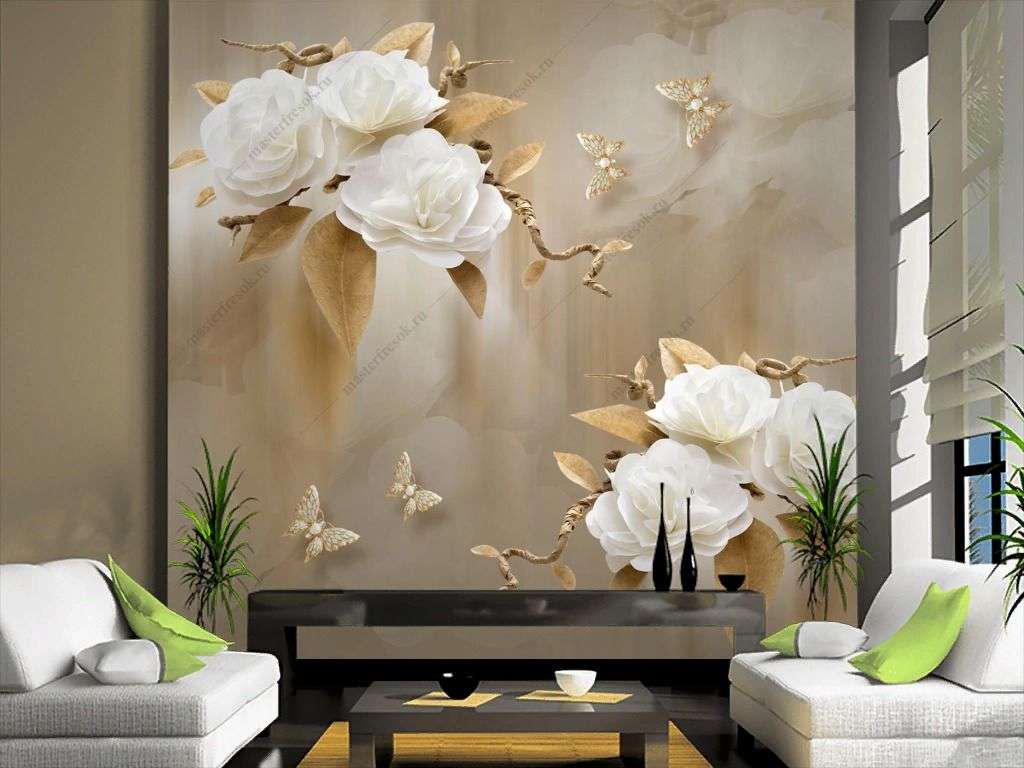 Фотообои в интерьере 3д цветы на бежевом фоне  10-912 фото