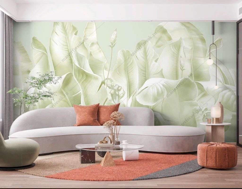 Фотообои в интерьере листья пастель  13-563 фото