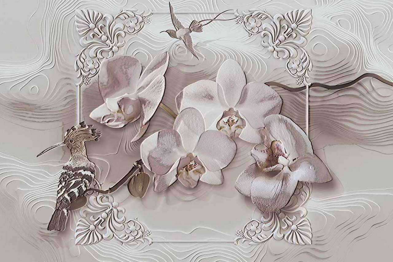 Фотообои в интерьере 3д орхидея в сером цвете  7-498 фото
