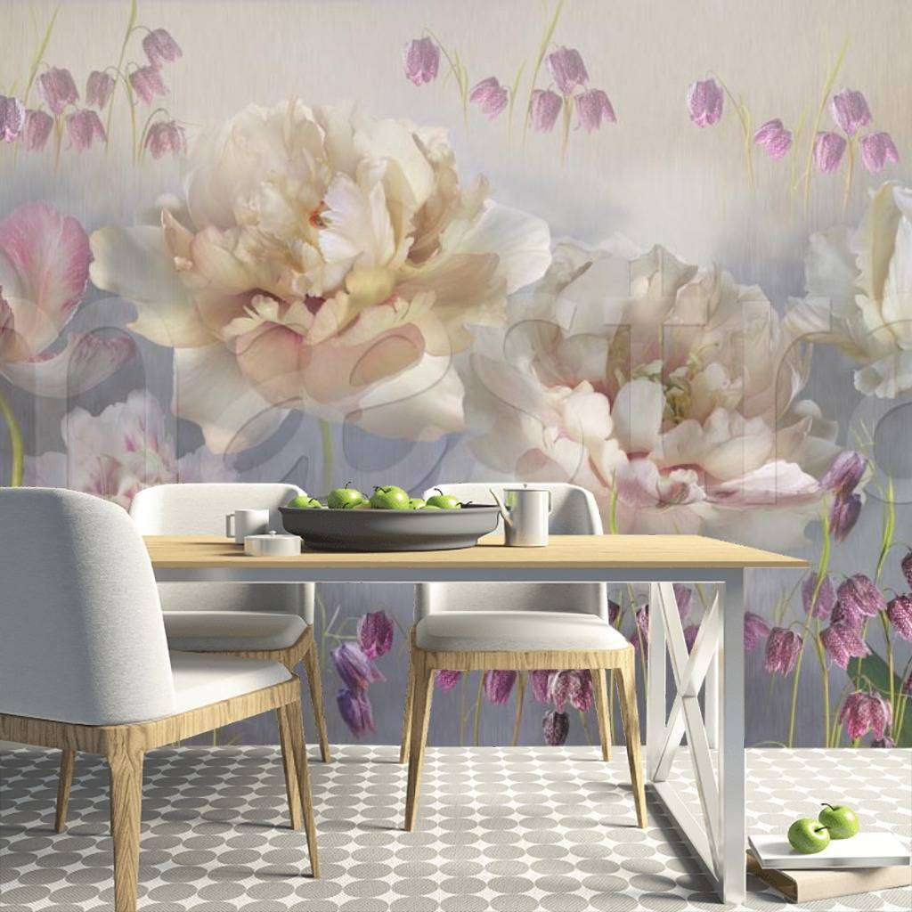 Фотообои в интерьере стереоскопические цветы на сером фоне  7-508 фото