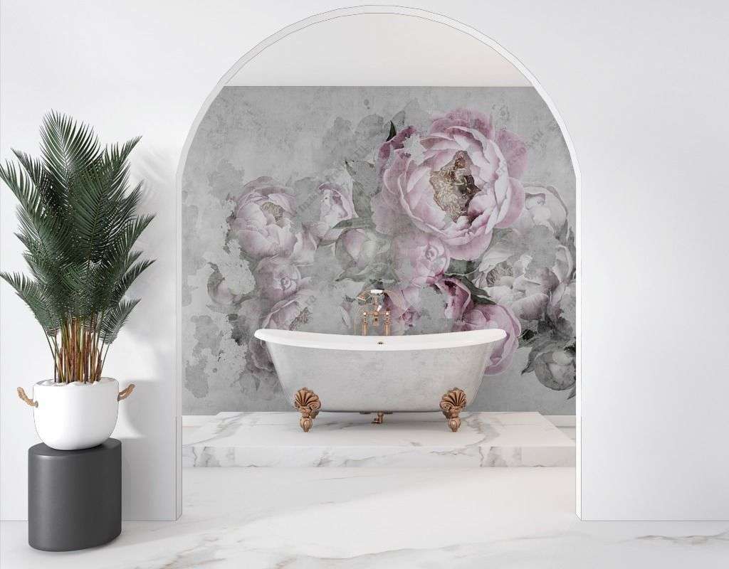 Фотообои в интерьере пионы на сером фоне  9-1605 фото