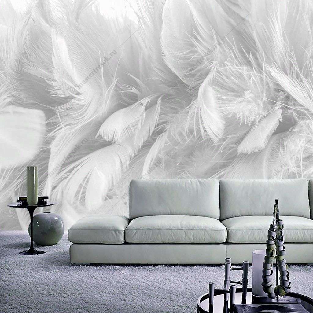 Фотообои в интерьере 3д белые перья  10-896 фото