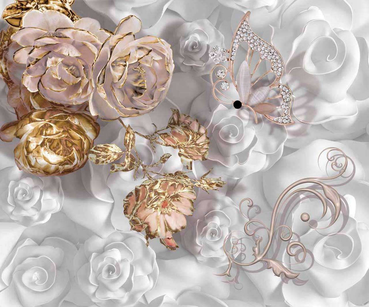 Фотообои в интерьере стереоскопические цветы золотые и серые  7-547 фото