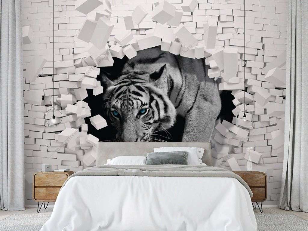 Фотообои в интерьере тигр черно-белый 3d  10-991 фото