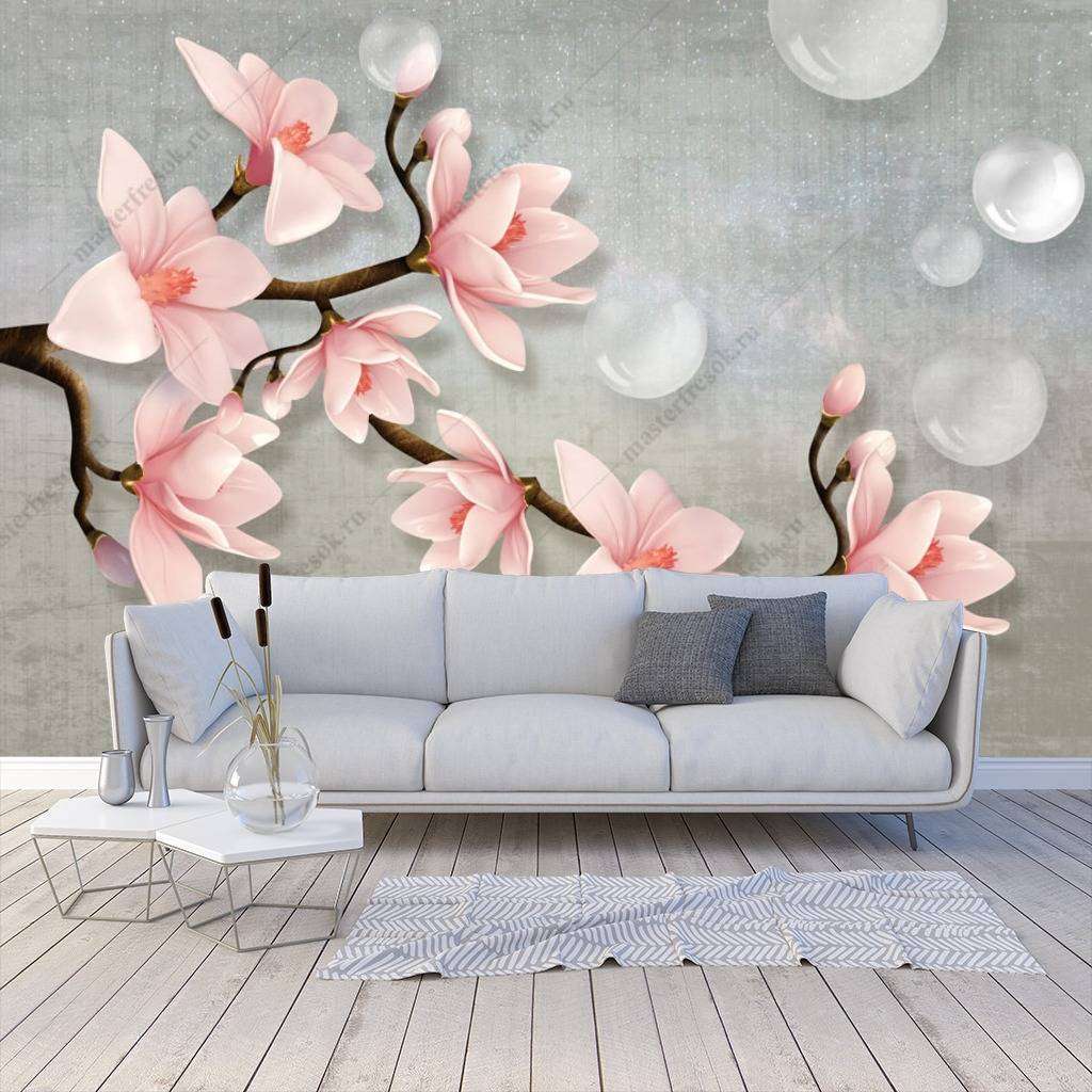 Фотообои в интерьере 3д сакура на сером  10-649 фото