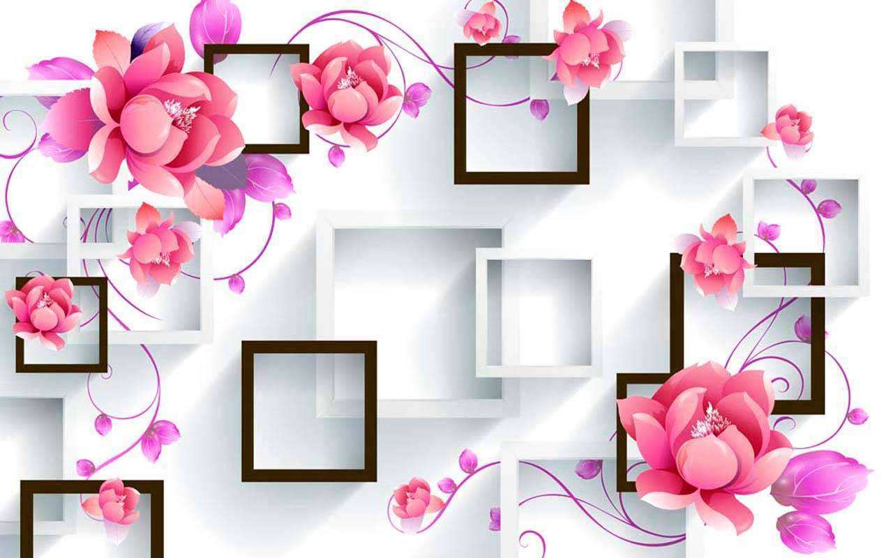 Фотообои в интерьере 3д цветы с объемными квадратами  10-488 фото