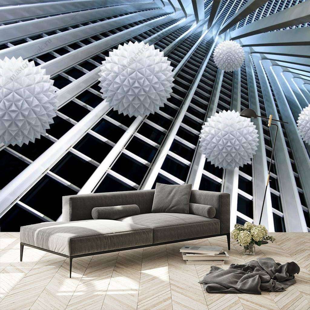 Фотообои в интерьере 3д фактурные шары в полете  10-792 фото