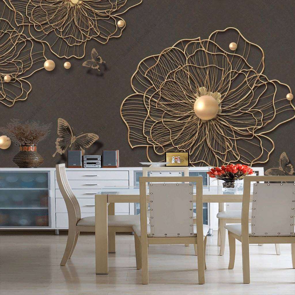 Фотообои в интерьере 3д золотые цветы  10-861 фото