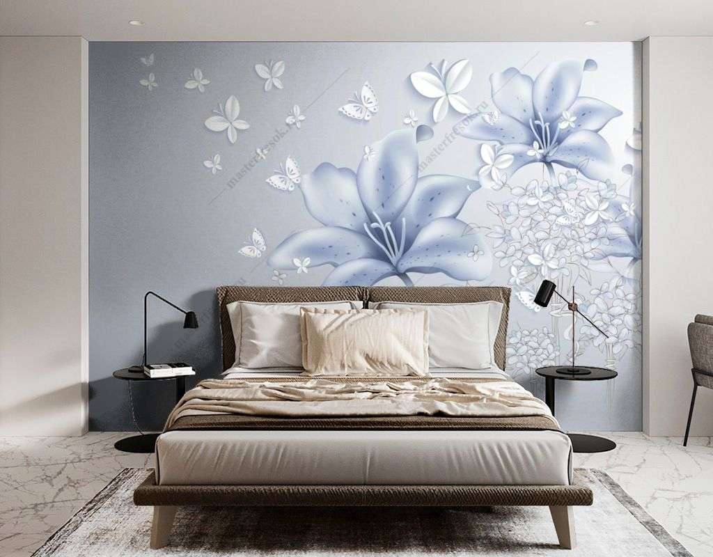 Фотообои в интерьере нежно-голубые лилии  14-429 фото