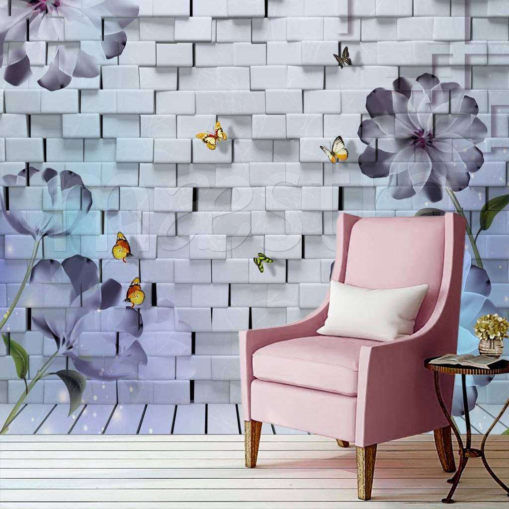 Фотообои Серые цветы на фоне 3д кирпичей  10-417