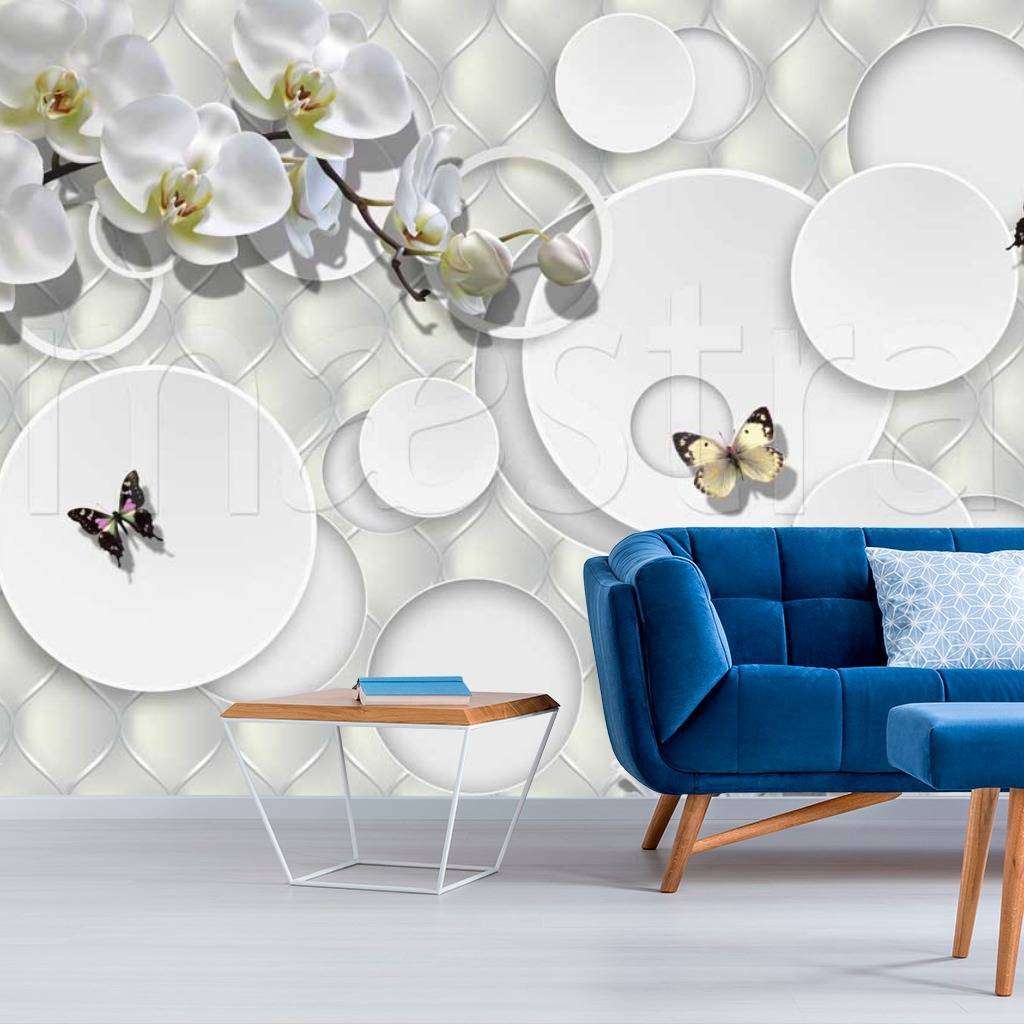 Фотообои в интерьере стереоскопические орхидеи с кругами 3д  7-473 фото