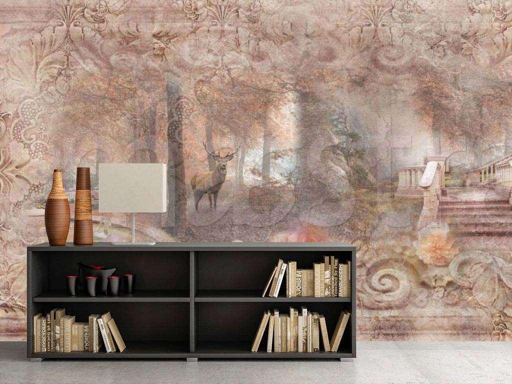 Фотообои в интерьере утренний лес сад в розовых тонах  7-322 фото