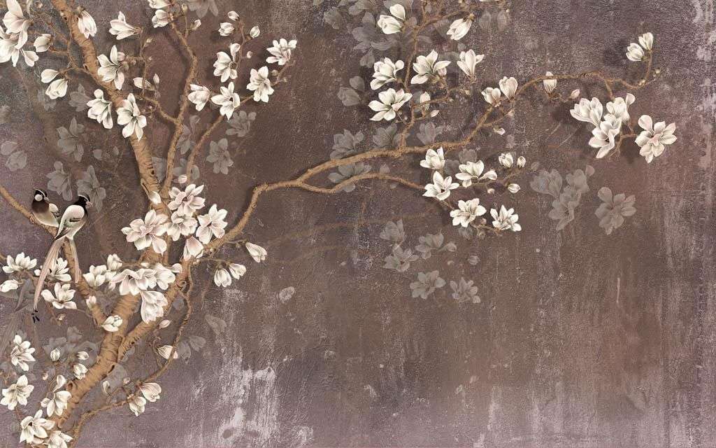 Фотообои в интерьере 3д белая сакура  10-914 фото