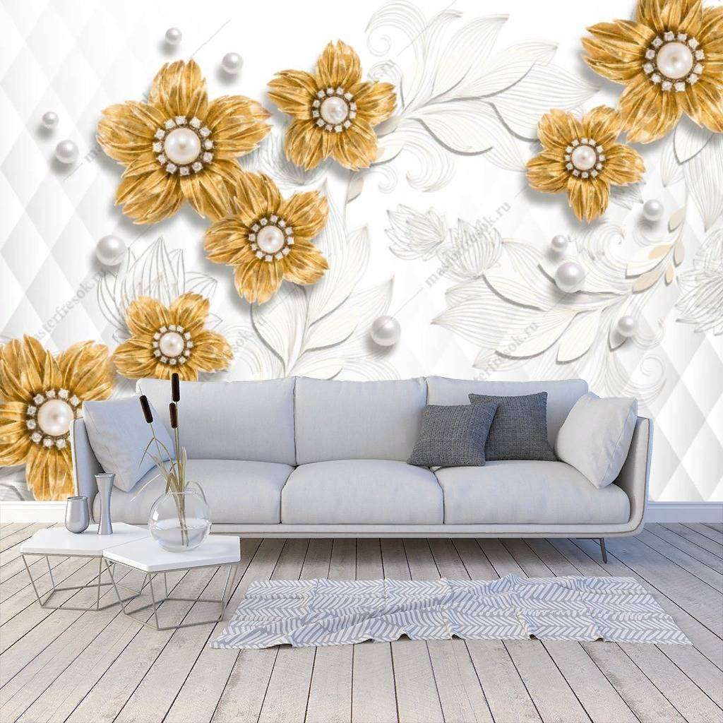 Фотообои в интерьере 3д позолоченные цветы  10-860 фото