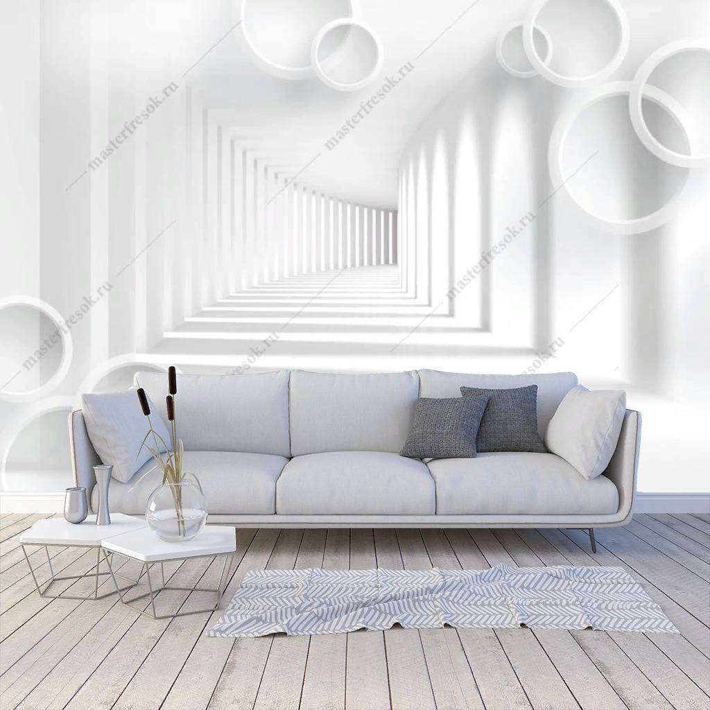 Фотообои в интерьере 3д белый тоннель с кругами  10-839 фото