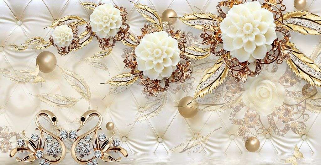 Фотообои в интерьере 3д цветы золотые  10-897 фото