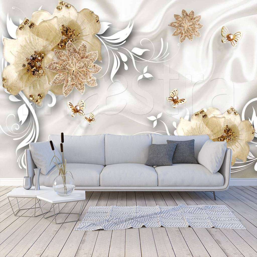 Фотообои 3д цветы с виньетками на серой ткани  10-490