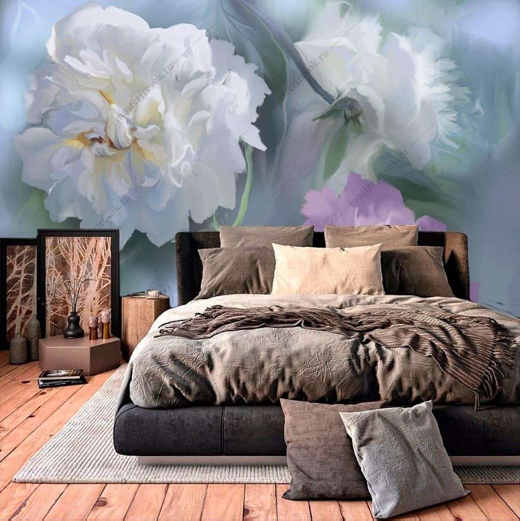 Фотообои в интерьере белые пионы 3д  13-369 фото
