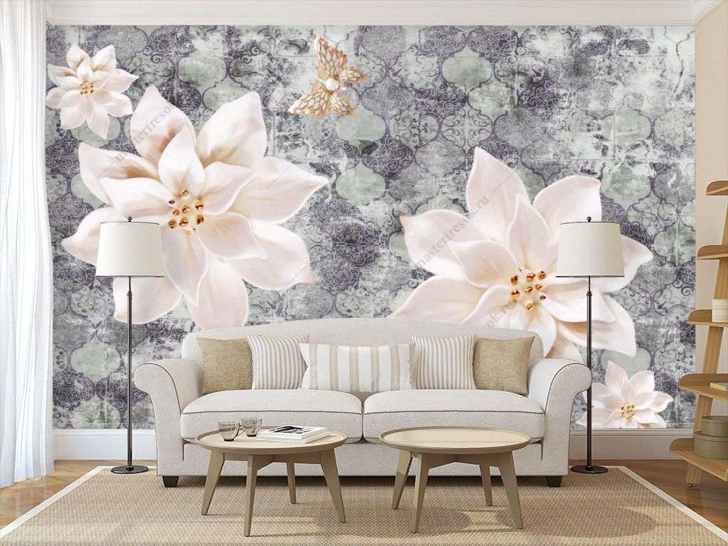 Фотообои в интерьере 3д цветы на ткани  10-920 фото