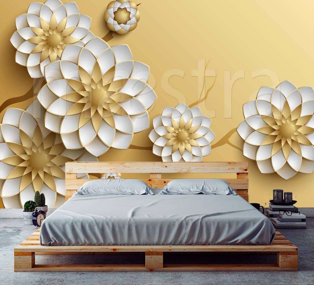 Фотообои Бесшовные обои на стену:  3д цветы на желтом фоне. Артикул: 10-472  