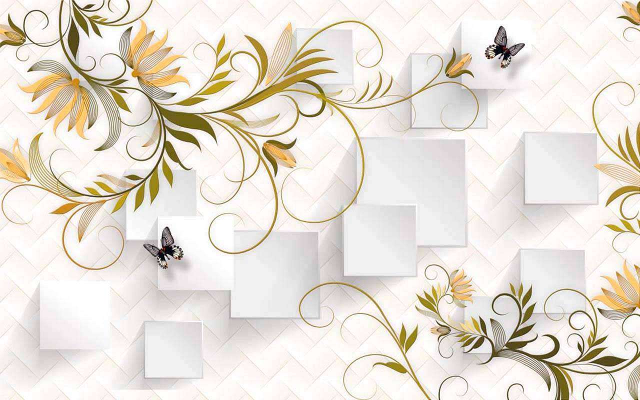 Фотообои в интерьере 3д цветы на кубах  10-543 фото