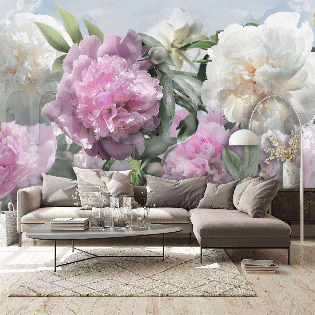 Фотообои в интерьере пионы фон  7-983 фото