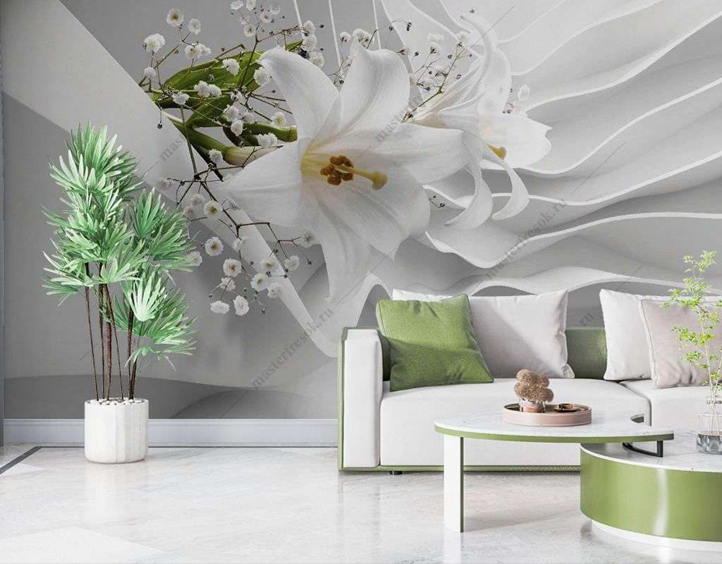 Фотообои в интерьере белые лилии 3d  10-983 фото