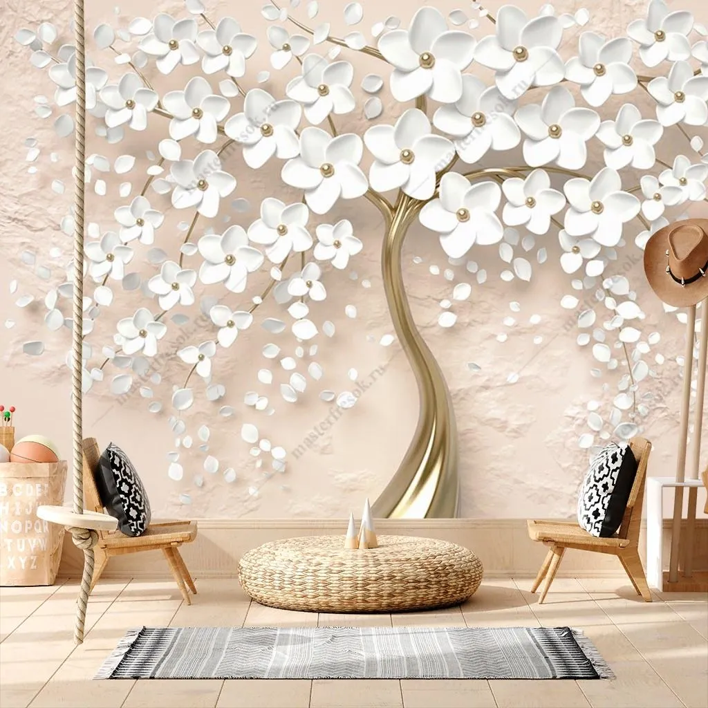 Фотообои в интерьере дерево 3д на пудровом фоне  10-888 фото
