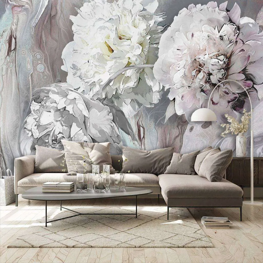 Фотообои в интерьере пионы 3д серые  13-230 фото