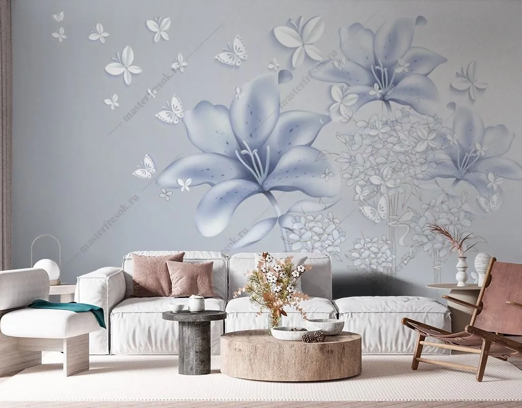 Фотообои в интерьере нежно-голубые лилии  14-429 фото