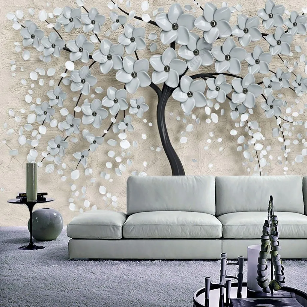 Фотообои в интерьере 3д цветущее белое дерево  10-895 фото